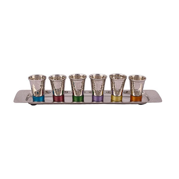 6 Small Hammer Work Kiddush Cups Set Tray - Petroff Gallery - Judaica