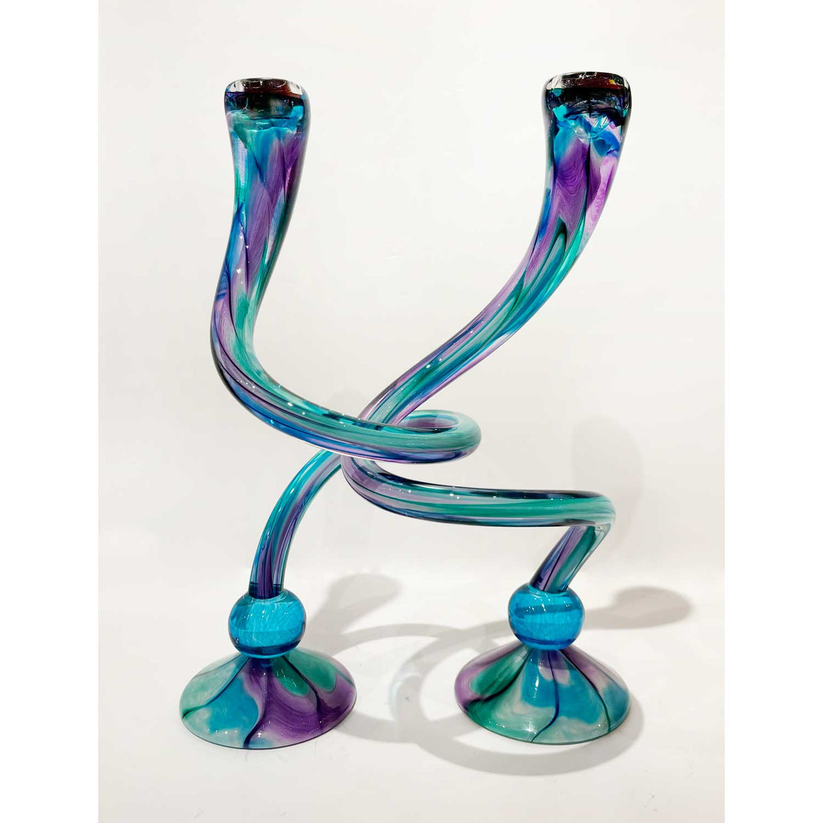 Lg Footed Aqua, Green and Purple Twist Candlesticks - Petroff Gallery - Glass Art